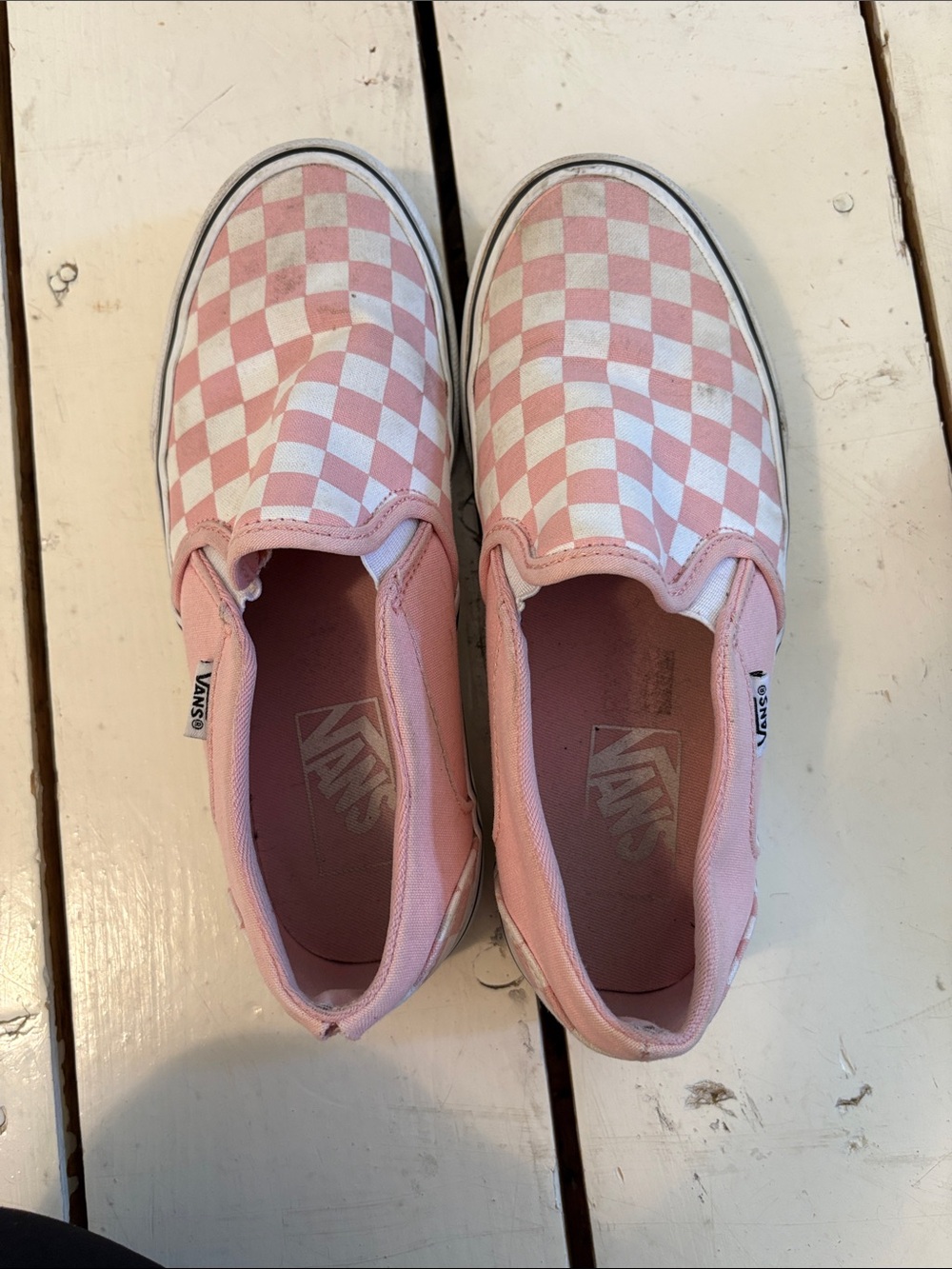 Vans Kids Slip-On Checkerboard Sneakers in Pink and White